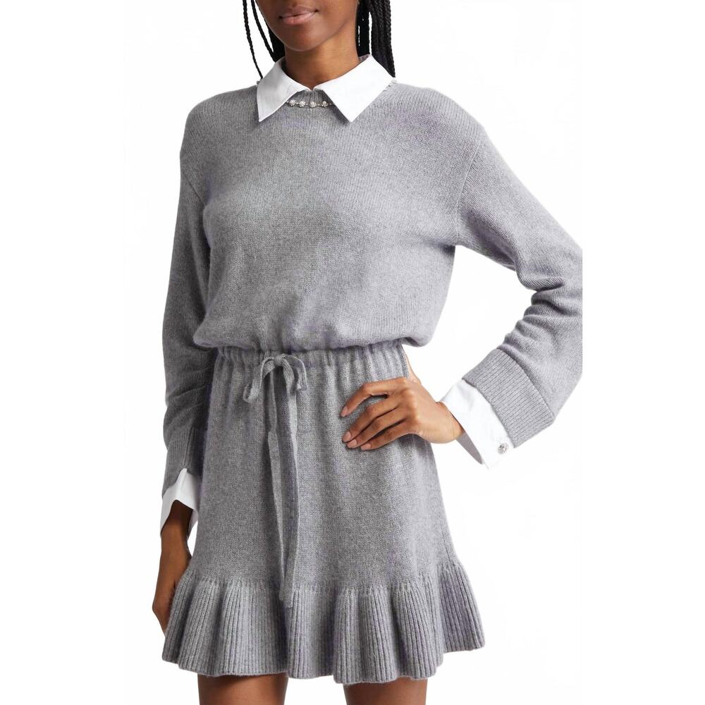 Cinq a Sept Kiana Pearl Necklace Long Sleeve Sweater Dress Heather Grey XS